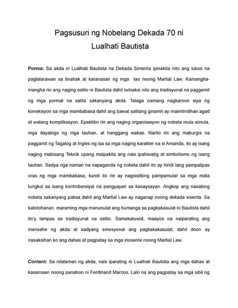 Pagsusuri ng Akda: Dekada ’70 ni Lualhati Bautista .